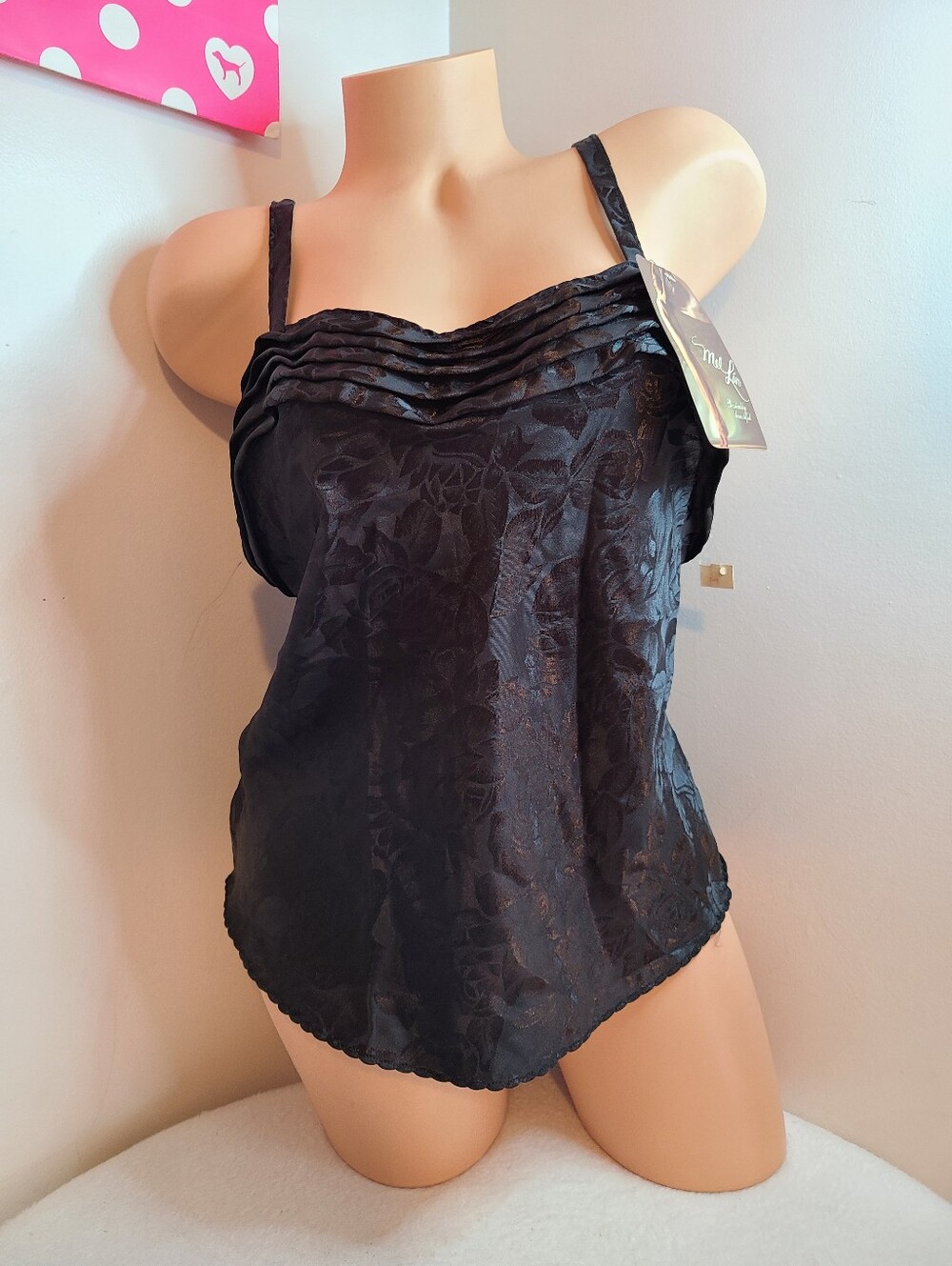 VTG Mel Lin Floral Embossed Satin Pleated Lingerie Camisole Size M